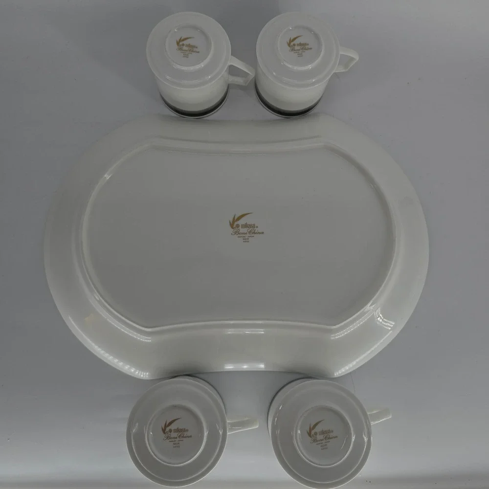 Mikasa Noir A4102 Coffee Set Platter 4 Cups Bone China Japan Vintage